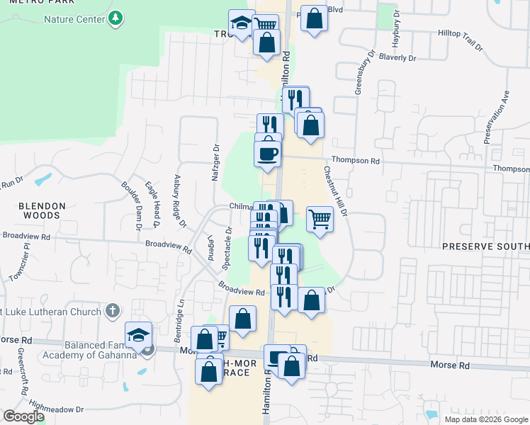 map of restaurants, bars, coffee shops, grocery stores, and more near 5195 Chilmark Drive in Columbus