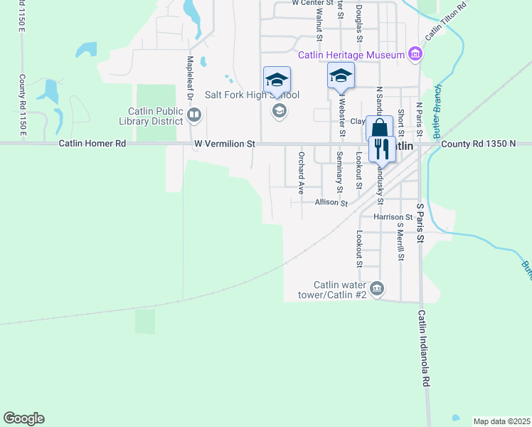map of restaurants, bars, coffee shops, grocery stores, and more near 201 Martin Court in Catlin
