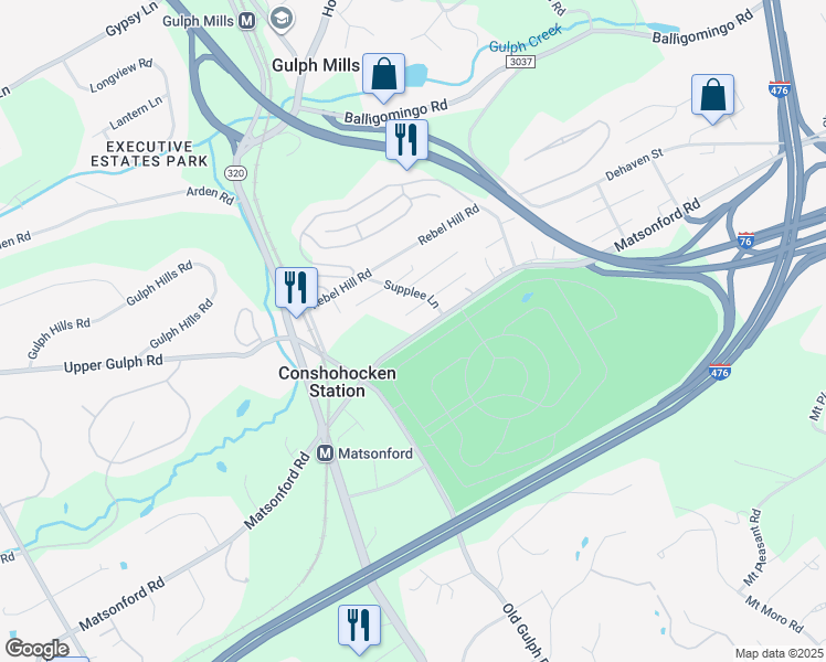 map of restaurants, bars, coffee shops, grocery stores, and more near 151 Matsonford Road in Conshohocken