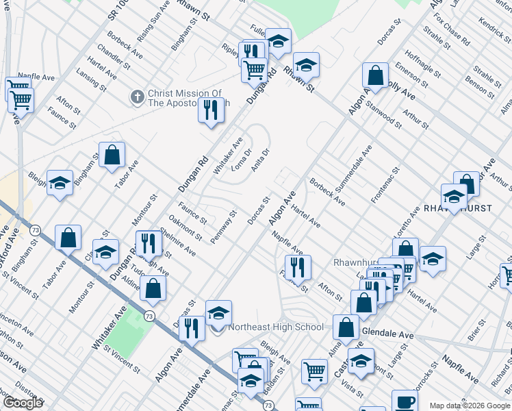 map of restaurants, bars, coffee shops, grocery stores, and more near 7708 Dorcas Street in Philadelphia