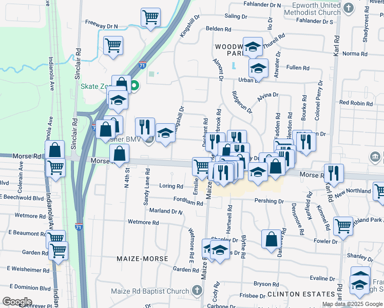map of restaurants, bars, coffee shops, grocery stores, and more near 1120 Morse Road in Columbus