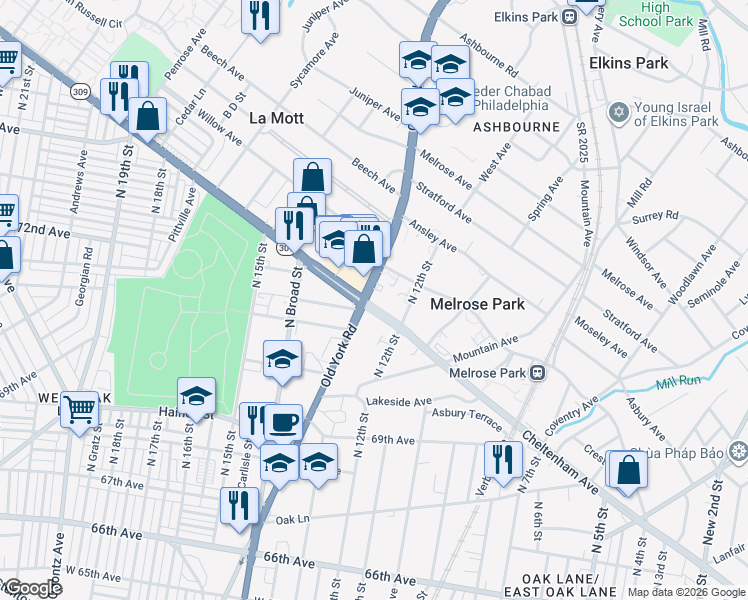 map of restaurants, bars, coffee shops, grocery stores, and more near in Elkins Park