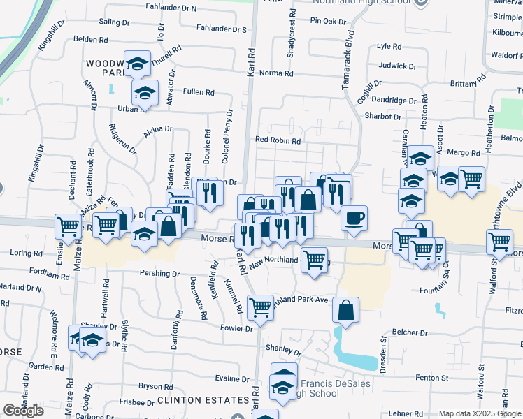 map of restaurants, bars, coffee shops, grocery stores, and more near 1630 Morse Road in Columbus