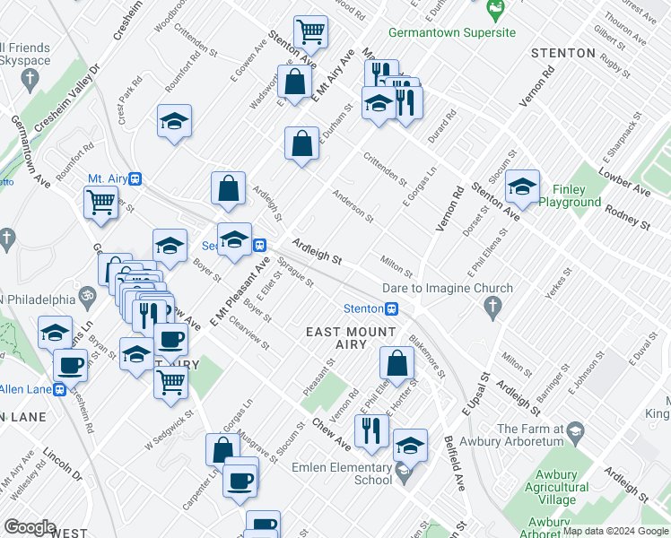 map of restaurants, bars, coffee shops, grocery stores, and more near 6912 Ardleigh Street in Philadelphia