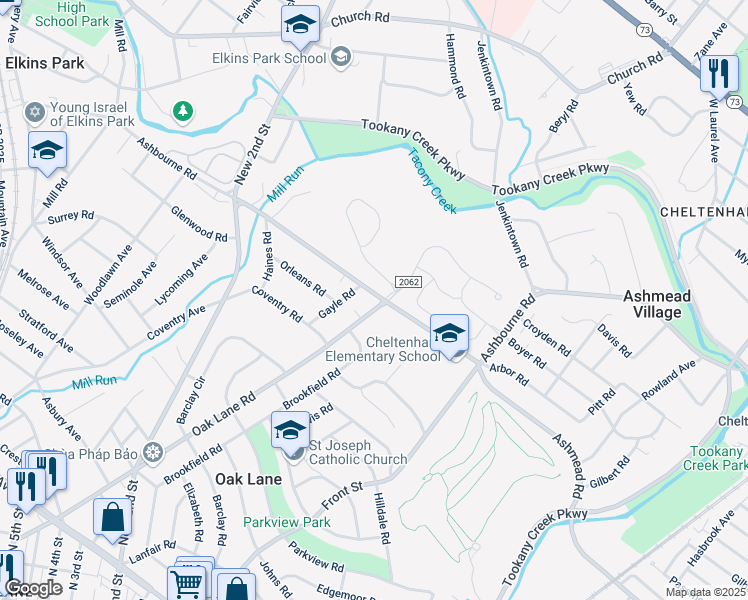 map of restaurants, bars, coffee shops, grocery stores, and more near 1101 Ashbourne Road in Montgomery County