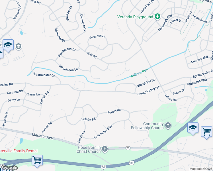map of restaurants, bars, coffee shops, grocery stores, and more near 2715 Spring Valley Rd in Lancaster
