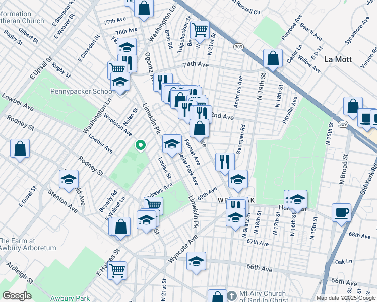 map of restaurants, bars, coffee shops, grocery stores, and more near 7050 Forrest Avenue in Philadelphia