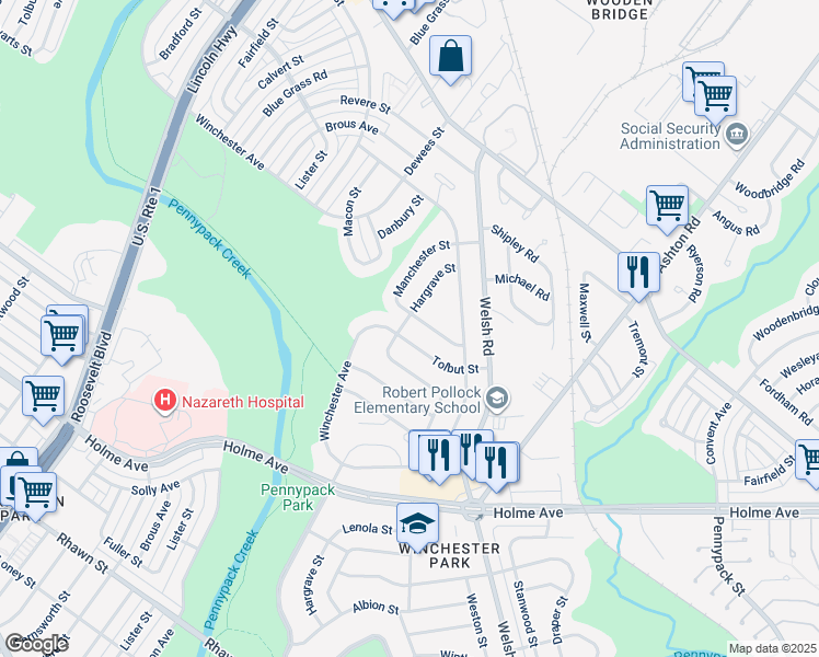 map of restaurants, bars, coffee shops, grocery stores, and more near 8731 Hargrave Street in Philadelphia