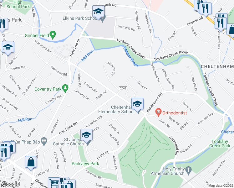 map of restaurants, bars, coffee shops, grocery stores, and more near 1101 Ashbourne Road in Montgomery County