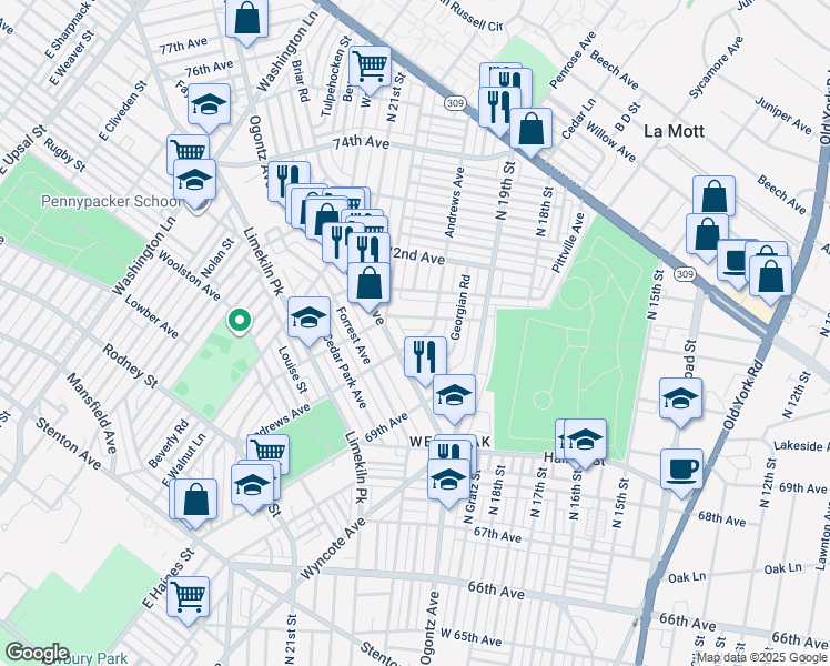 map of restaurants, bars, coffee shops, grocery stores, and more near 7012 Andrews Avenue in Philadelphia