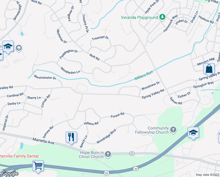 map of restaurants, bars, coffee shops, grocery stores, and more near 2715 Spring Valley Rd in Lancaster