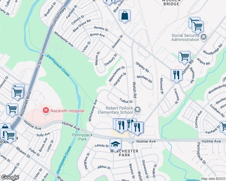map of restaurants, bars, coffee shops, grocery stores, and more near 8731 Hargrave Street in Philadelphia