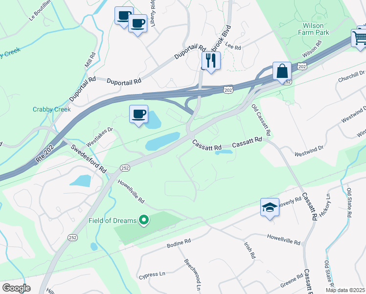 map of restaurants, bars, coffee shops, grocery stores, and more near 1100 Cassatt Road in Berwyn