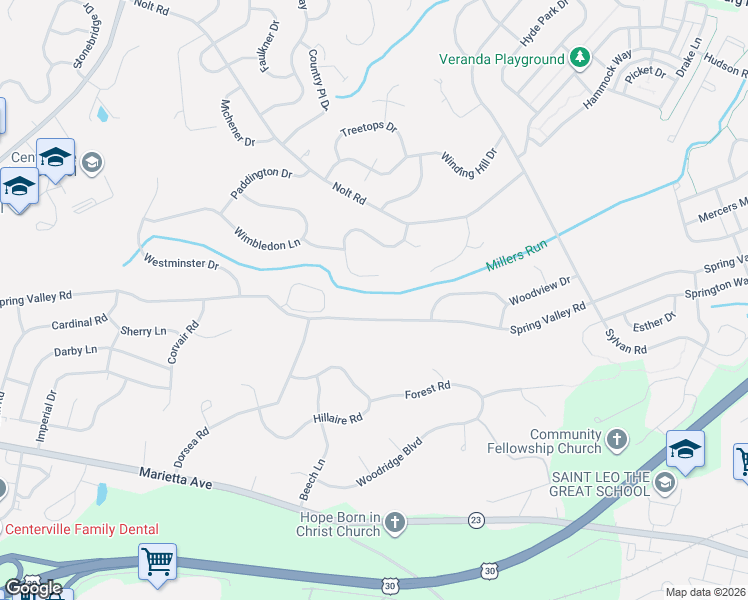map of restaurants, bars, coffee shops, grocery stores, and more near 2727 Spring Valley Road in Lancaster
