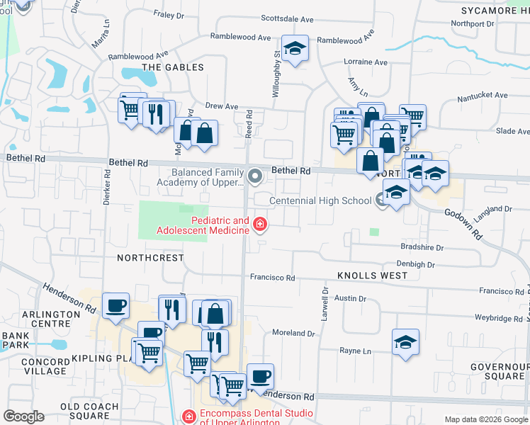 map of restaurants, bars, coffee shops, grocery stores, and more near 5125 Delancey Street in Columbus