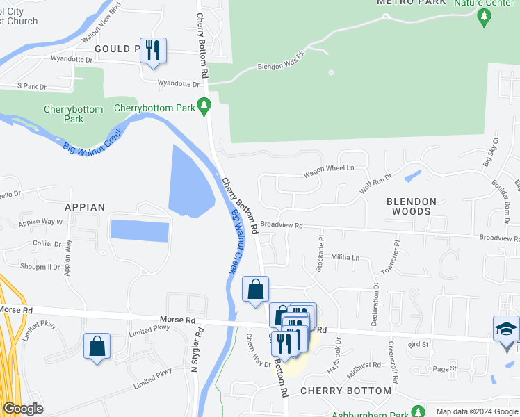 map of restaurants, bars, coffee shops, grocery stores, and more near 4261 Timber Valley Drive in Columbus