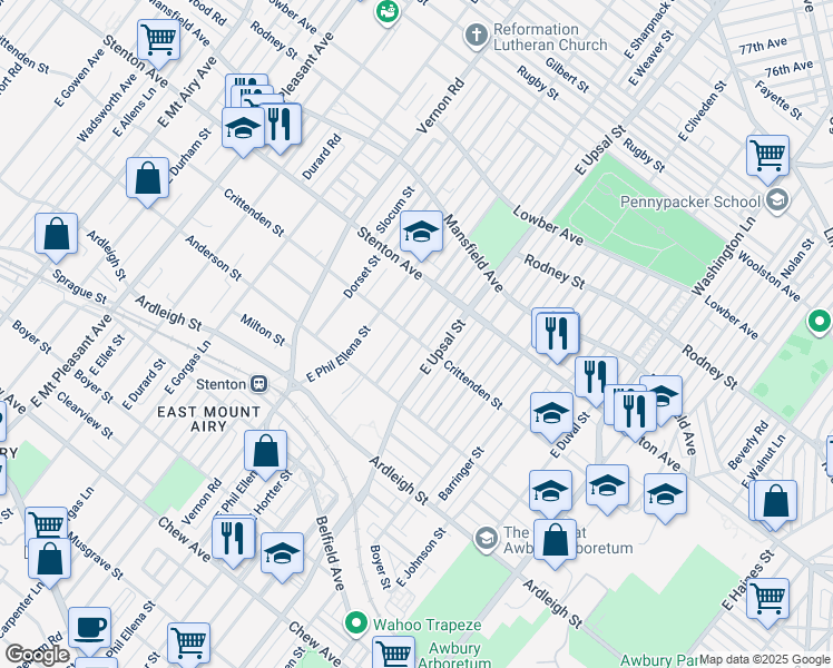 map of restaurants, bars, coffee shops, grocery stores, and more near 801 East Sharpnack Street in Philadelphia