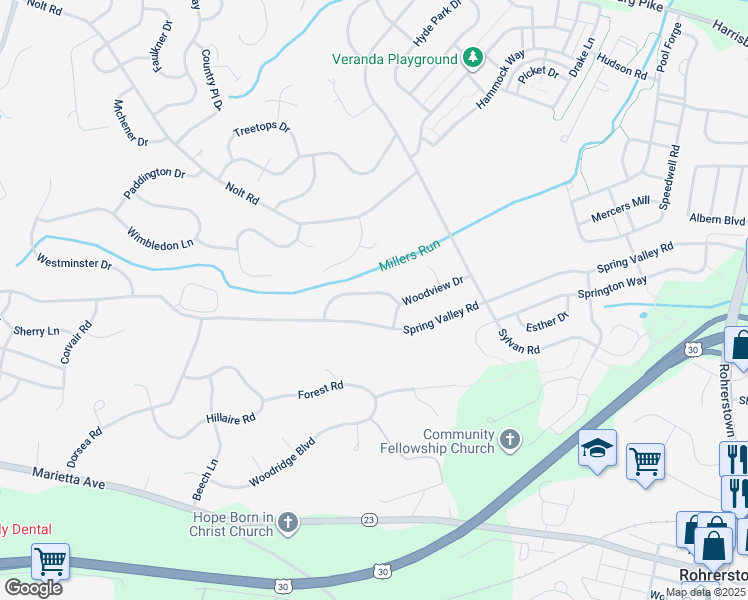 map of restaurants, bars, coffee shops, grocery stores, and more near 2612 Chestnut Valley Drive in Lancaster