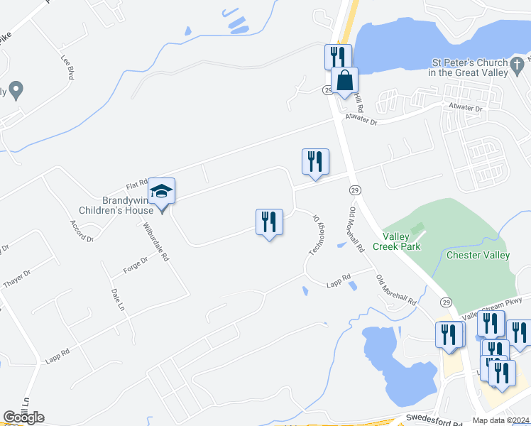 map of restaurants, bars, coffee shops, grocery stores, and more near 260 Great Valley Parkway in Malvern