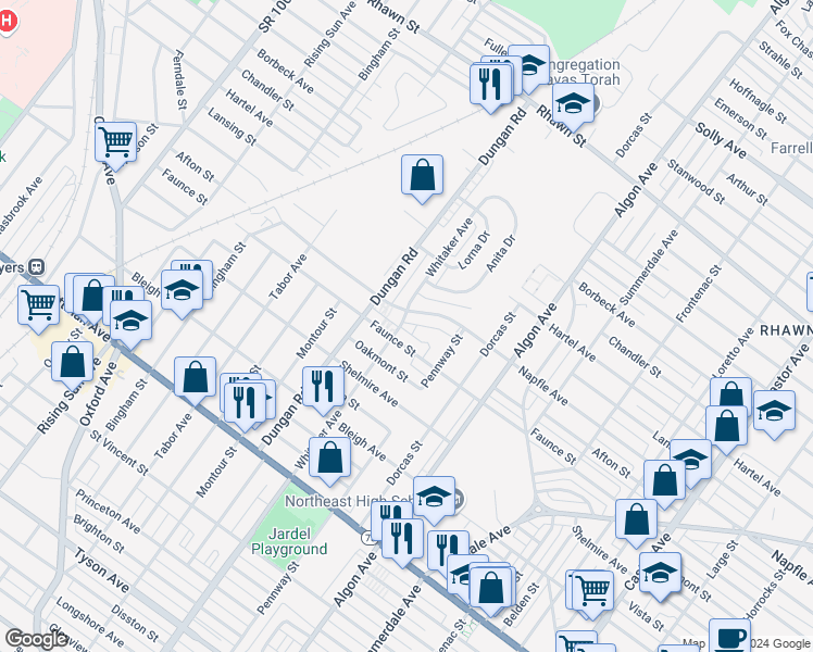 map of restaurants, bars, coffee shops, grocery stores, and more near 7613 Whitaker Avenue in Philadelphia