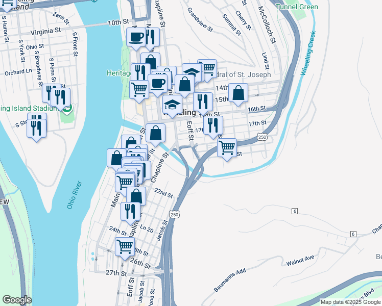 map of restaurants, bars, coffee shops, grocery stores, and more near 1803 Eoff Street in Wheeling