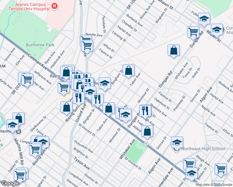 map of restaurants, bars, coffee shops, grocery stores, and more near 7409 Lawndale Ave in Philadelphia