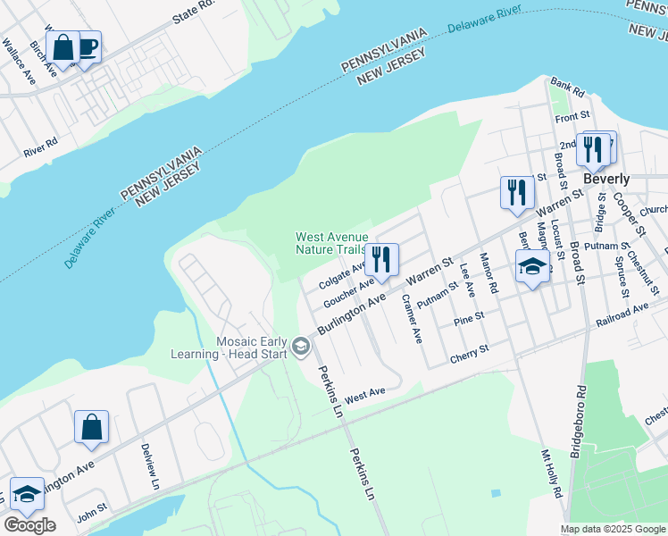 map of restaurants, bars, coffee shops, grocery stores, and more near 115 West Avenue in Delanco