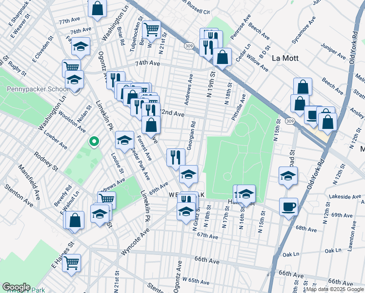map of restaurants, bars, coffee shops, grocery stores, and more near 7039 Andrews Avenue in Philadelphia