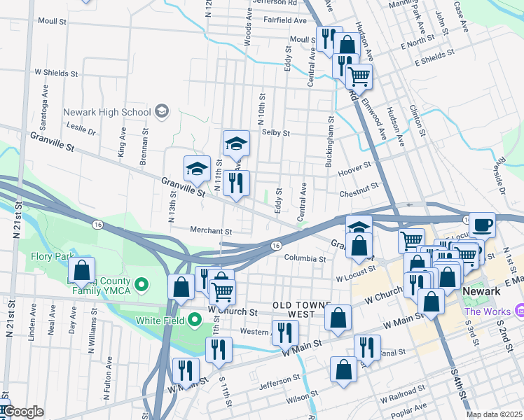 map of restaurants, bars, coffee shops, grocery stores, and more near 206 Granville Street in Newark