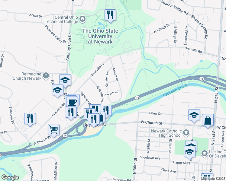 map of restaurants, bars, coffee shops, grocery stores, and more near 1106 Swern Lane in Newark