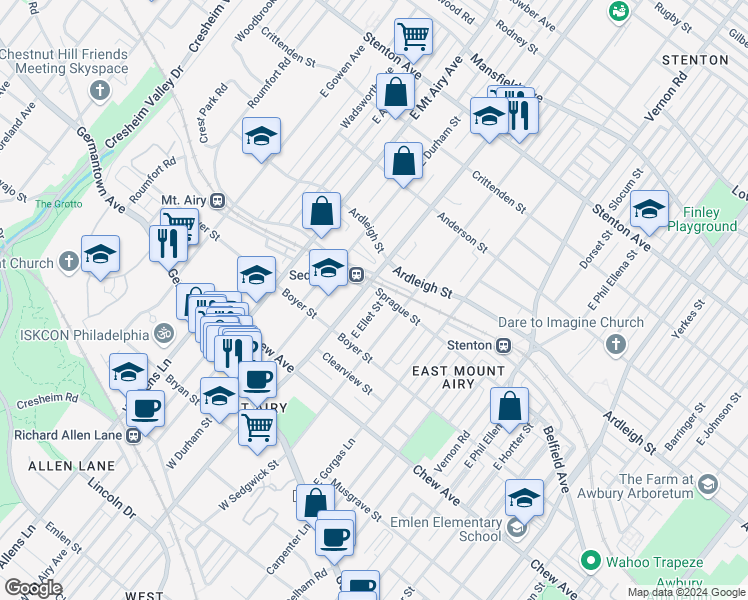map of restaurants, bars, coffee shops, grocery stores, and more near 237 East Ellet Street in Philadelphia