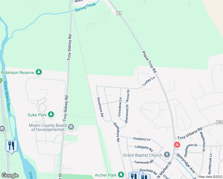map of restaurants, bars, coffee shops, grocery stores, and more near 688 Loxley Lane in Troy