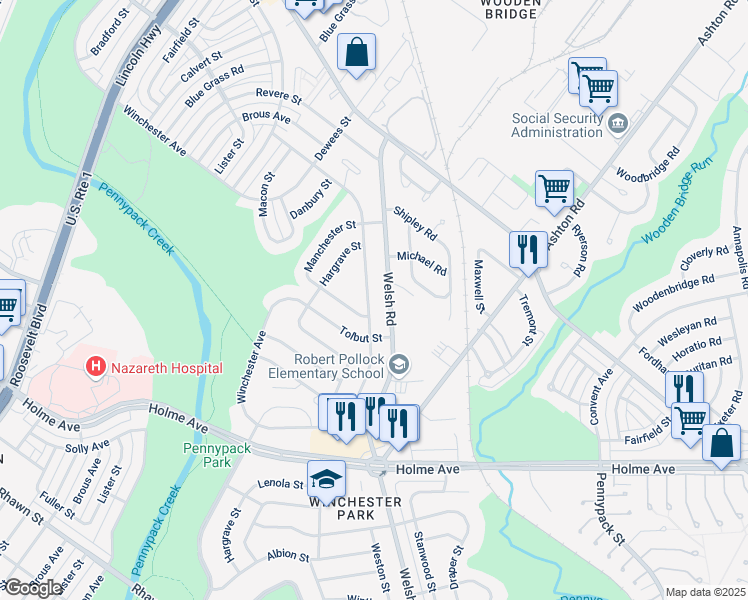map of restaurants, bars, coffee shops, grocery stores, and more near 2815 Walnut Hill Street in Philadelphia