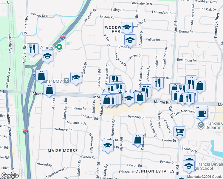 map of restaurants, bars, coffee shops, grocery stores, and more near 1234 Morse Road in Columbus