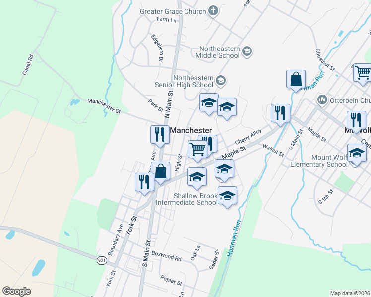 map of restaurants, bars, coffee shops, grocery stores, and more near 118 High St in Manchester