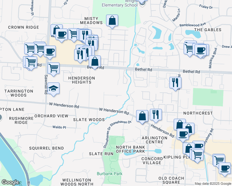 map of restaurants, bars, coffee shops, grocery stores, and more near 3418 Woodview Place in Columbus
