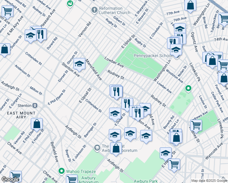 map of restaurants, bars, coffee shops, grocery stores, and more near 1414 East Cliveden Street in Philadelphia
