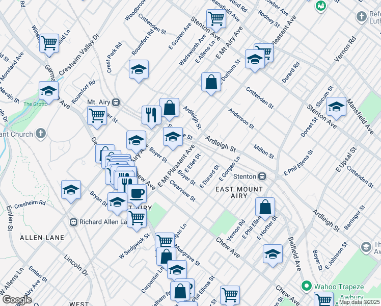 map of restaurants, bars, coffee shops, grocery stores, and more near 240 East Mount Pleasant Avenue in Philadelphia