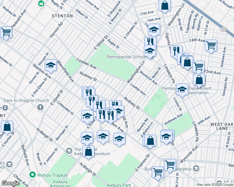 map of restaurants, bars, coffee shops, grocery stores, and more near 1527 Washington Lane in Philadelphia