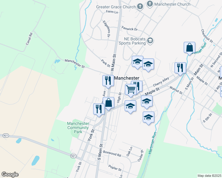 map of restaurants, bars, coffee shops, grocery stores, and more near 111 Pennsylvania 181 in Manchester