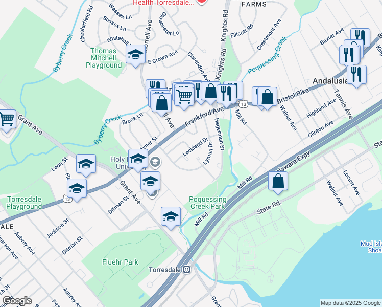 map of restaurants, bars, coffee shops, grocery stores, and more near 9911 Lackland Drive in Philadelphia