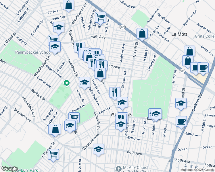 map of restaurants, bars, coffee shops, grocery stores, and more near 7021 Ogontz Avenue in Philadelphia