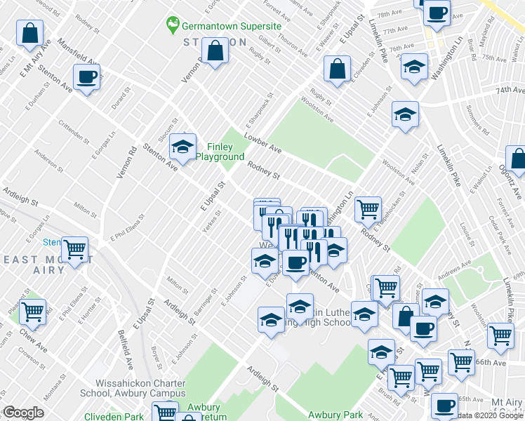 map of restaurants, bars, coffee shops, grocery stores, and more near 1414 East Cliveden Street in Philadelphia