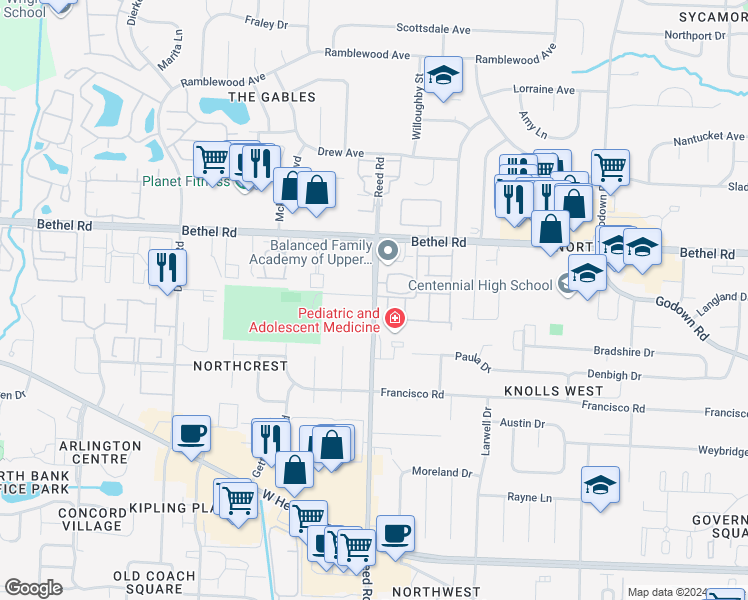 map of restaurants, bars, coffee shops, grocery stores, and more near 5095 Reed Road in Columbus