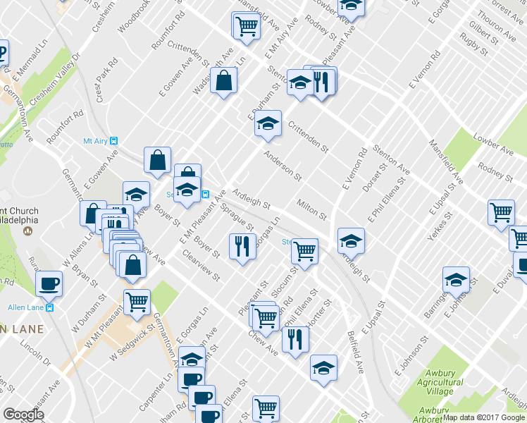 map of restaurants, bars, coffee shops, grocery stores, and more near 6916 Ardleigh Street in Philadelphia