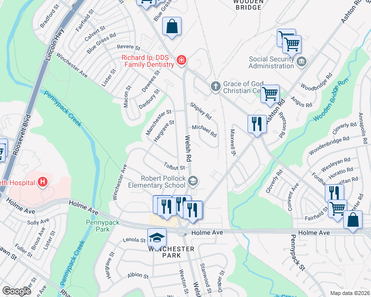 map of restaurants, bars, coffee shops, grocery stores, and more near 2814B Welsh Road in Philadelphia