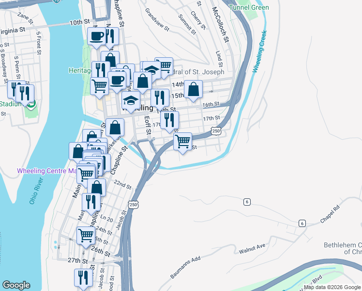map of restaurants, bars, coffee shops, grocery stores, and more near 1826 Jacob Street in Wheeling