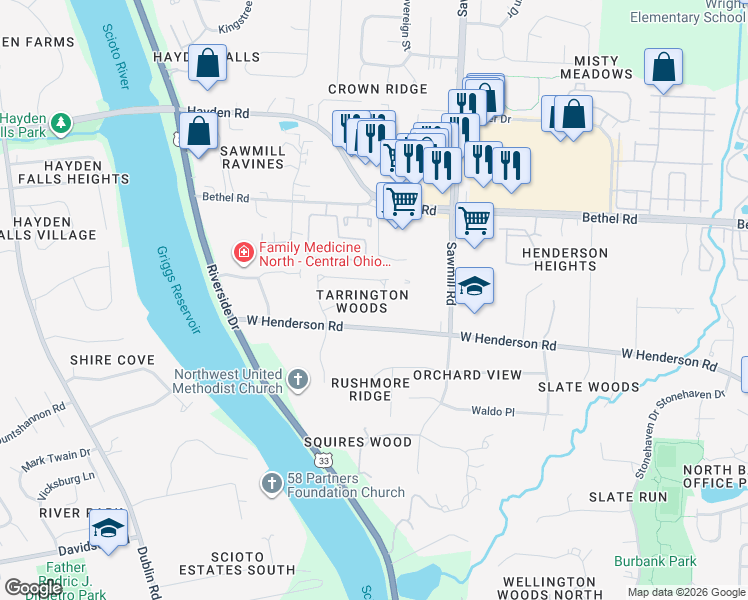 map of restaurants, bars, coffee shops, grocery stores, and more near 3908 Tarrington Lane in Columbus