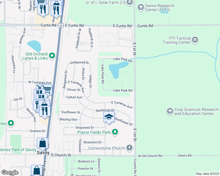 map of restaurants, bars, coffee shops, grocery stores, and more near 23 Lake Park Road in Champaign
