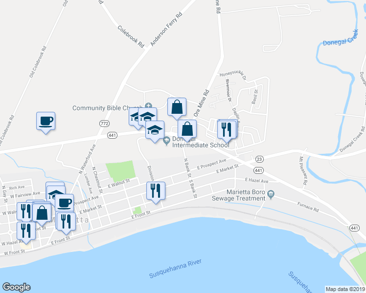 map of restaurants, bars, coffee shops, grocery stores, and more near 98 Bank Street in Marietta